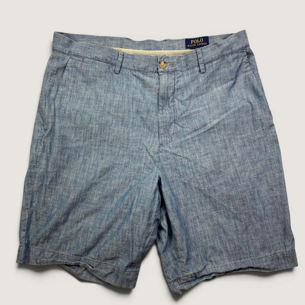 Polo Ralph Lauren Mens 33 Shorts Blue Classic Fit Cotton Chambray Flat Front